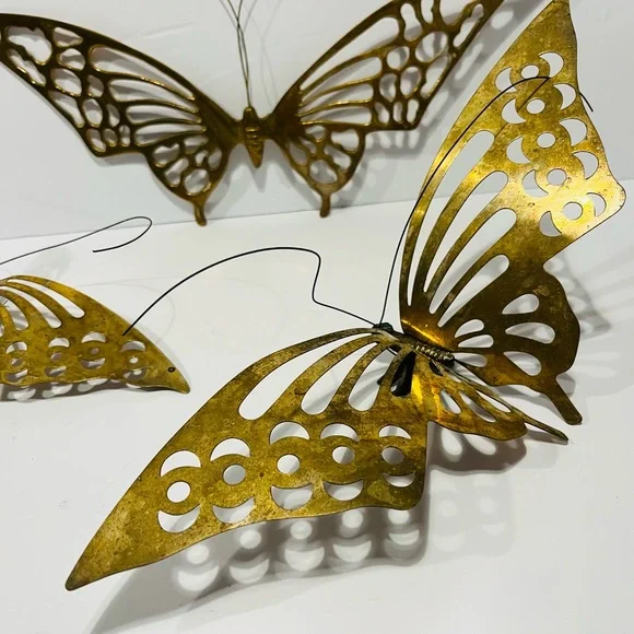 Vintage 1970’s Midcentury Modern Brass Set of 3 Large Butterflies Wall Decor